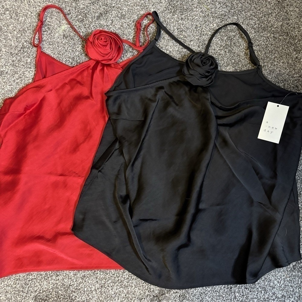 A New Day‎ Satin Halter Top XL Adjustable Removable Rosette Bundle 2 Red & Black